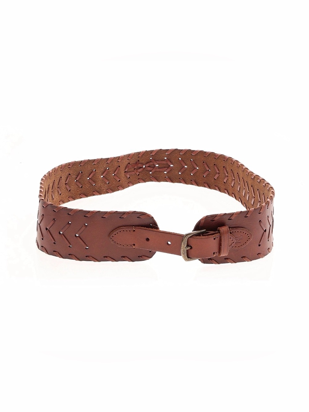 Ralph Lauren Brown Woven Leather Wide Belt Cognac Whipstitch Buckle Western Sz L - Picture 2 of 7
